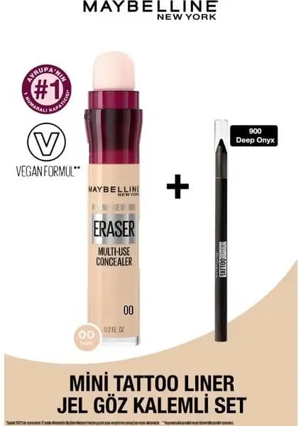 Maybelline New York Eraser Kapatıcı ve Mini Tattoo Liner Jel Göz Kalemli Seti: Günlük Makyaj İçin Pratik ve Dayanıklı Çözüm