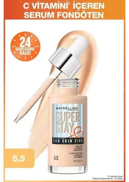 Maybelline Super Stay Skin Tint Fondöten 05.5 ile Doğal Parlak ve Gün Boyu Kapsam
