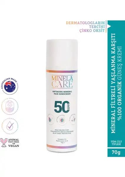 Minela Care Antiaging Organik Mineral Filtreli Yüz Güneş Kremi SPF 50 Doğal ve Güvenli Koruma