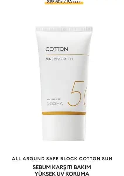 MISSHA All Around Safe Block Cotton Sun Güneş Kremi Yağlı ve Karma Ciltler İçin Yüksek Koruma