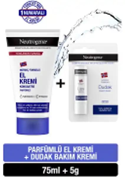 Neutrogena Norveç Formülü Parfümlü El ve Dudak Bakım Seti 75 ml ve 5 g içeren pratik paket