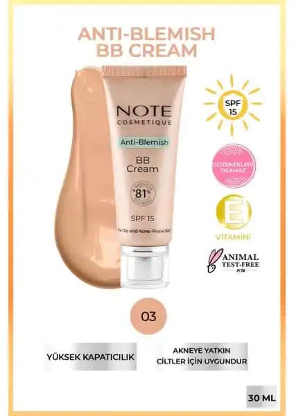 Note Cosmetics Anti-Blemish BB Krem SPF 15 Akneye Yatkın Ciltler İçin Koruyucu ve Güzelleştirici