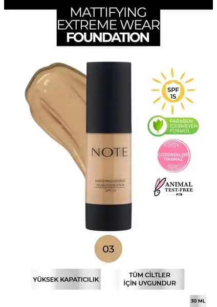 Note Cosmetics Matlaştırıcı Yoğun Kapatıcı Fondöten Güneş Koruyucu SPF 15 ile Gün Boyu Mat ve Pürüzsüz Cilt