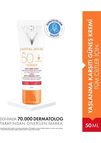 Vichy Capital Idéal Soleil Yaşlanma Karşıtı Renkli Yüz Güneş Kremi SPF 50+ ile Güçlü Koruma ve Cilt Bakımı