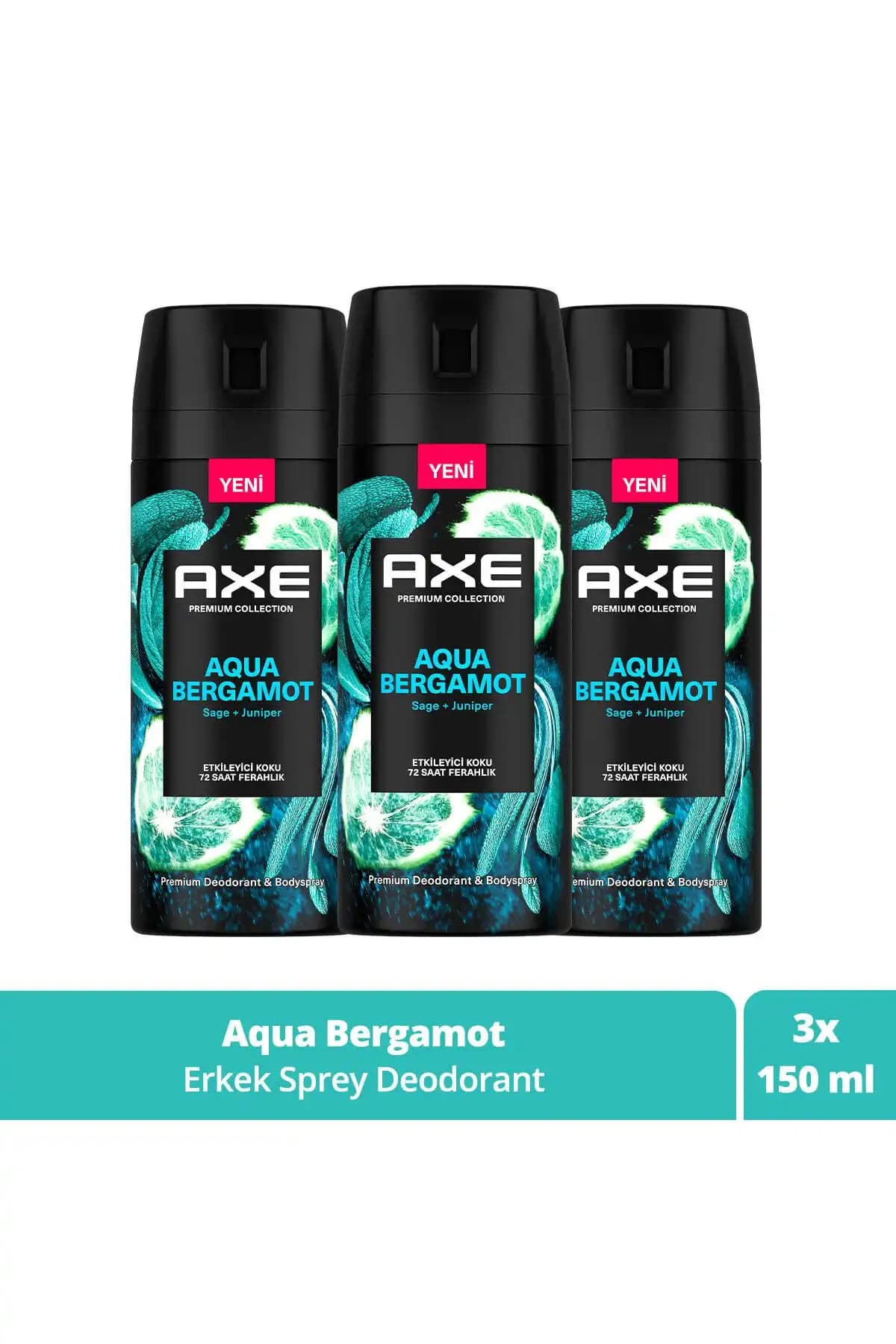 Axe Premium Collection Erkek Sprey Deodorant Aqua Bergamot 72 Saat Ferahlık 150 ml X3