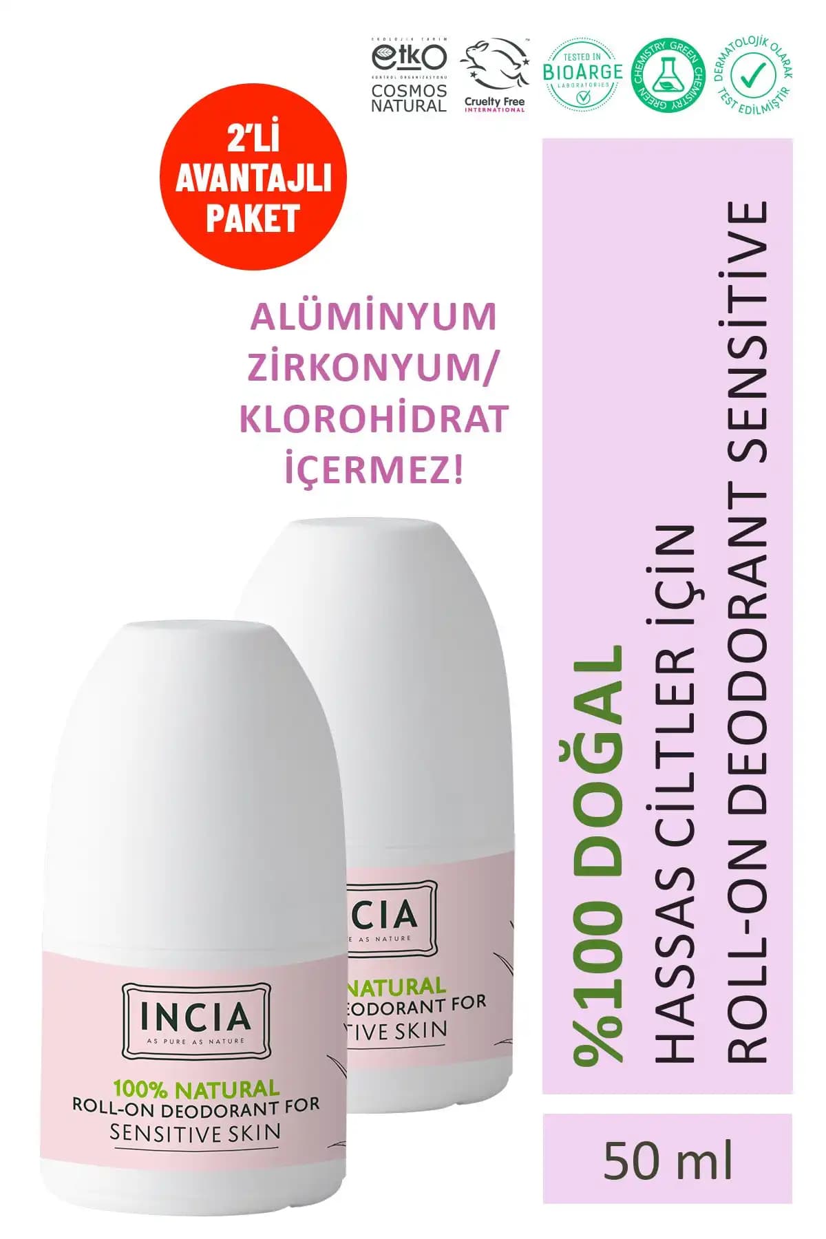 INCIA %100 Doğal Roll On Deodorant Hassas Ciltler Için 2'li Ter Kokusu Önleyici Lekesiz 50 ml X 2 Adet