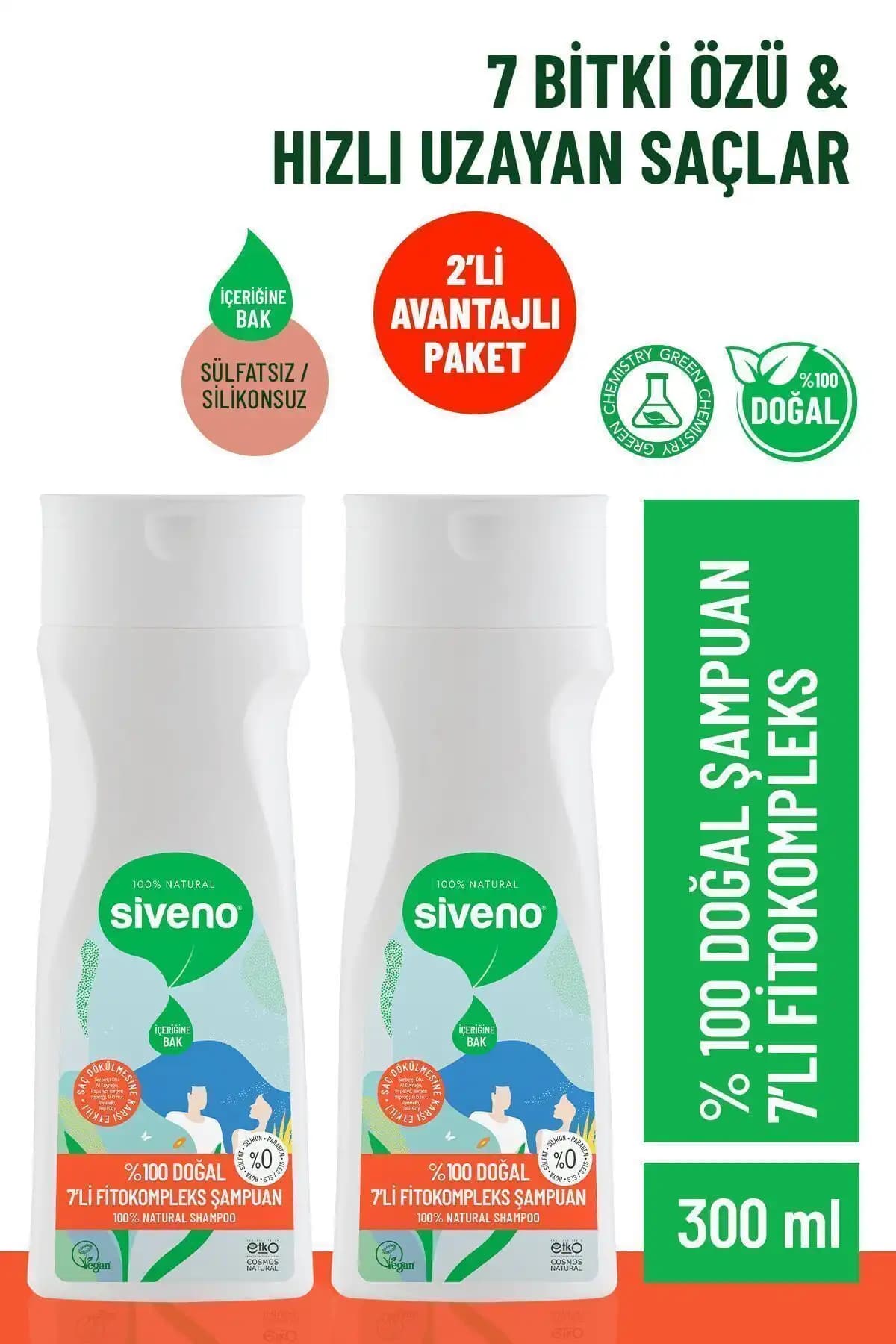 Siveno %100 Doğal Fitokompleks Şampuan 7 Bitki Yoğun Dökülme Karşıtı Dolgunlaştırıcı 300 ml X 2 Adet