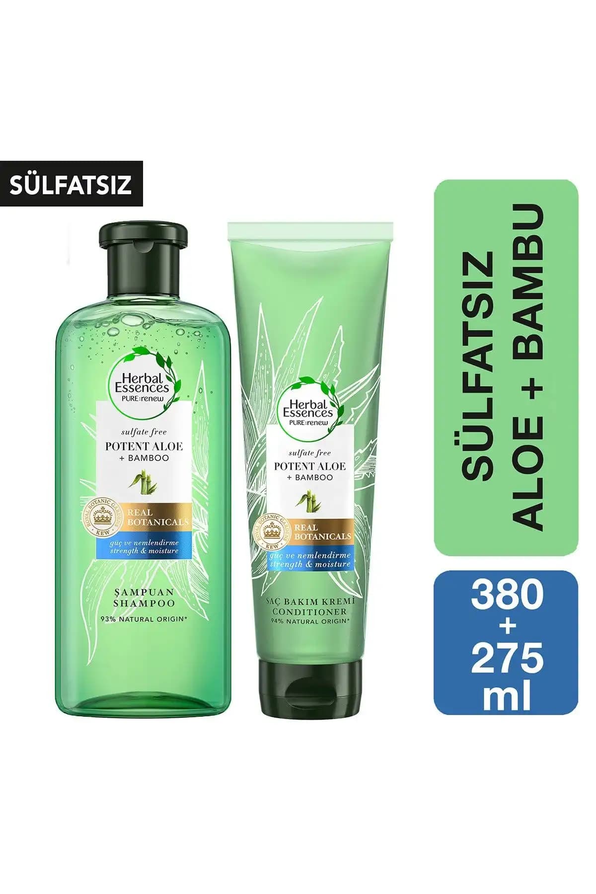 Herbal Essences Sülfatsız Güç ve Nem Aloe + Bambu Şampuan 380 ml + Saç Bakım Kremi 275 ml