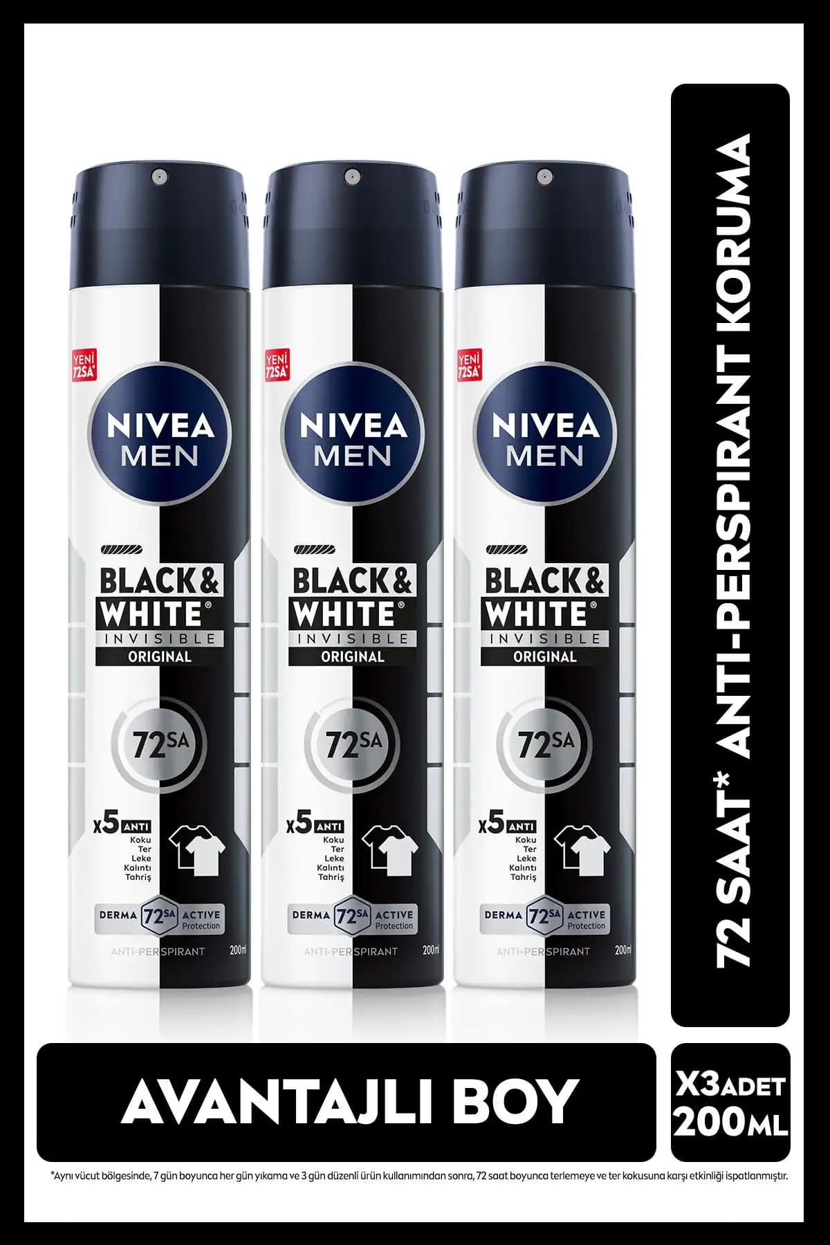 NIVEA MEN Erkek Sprey Deodorant Black&White Invisible Original 200ml, 72 Saat Anti-perspirant, X3 Adet