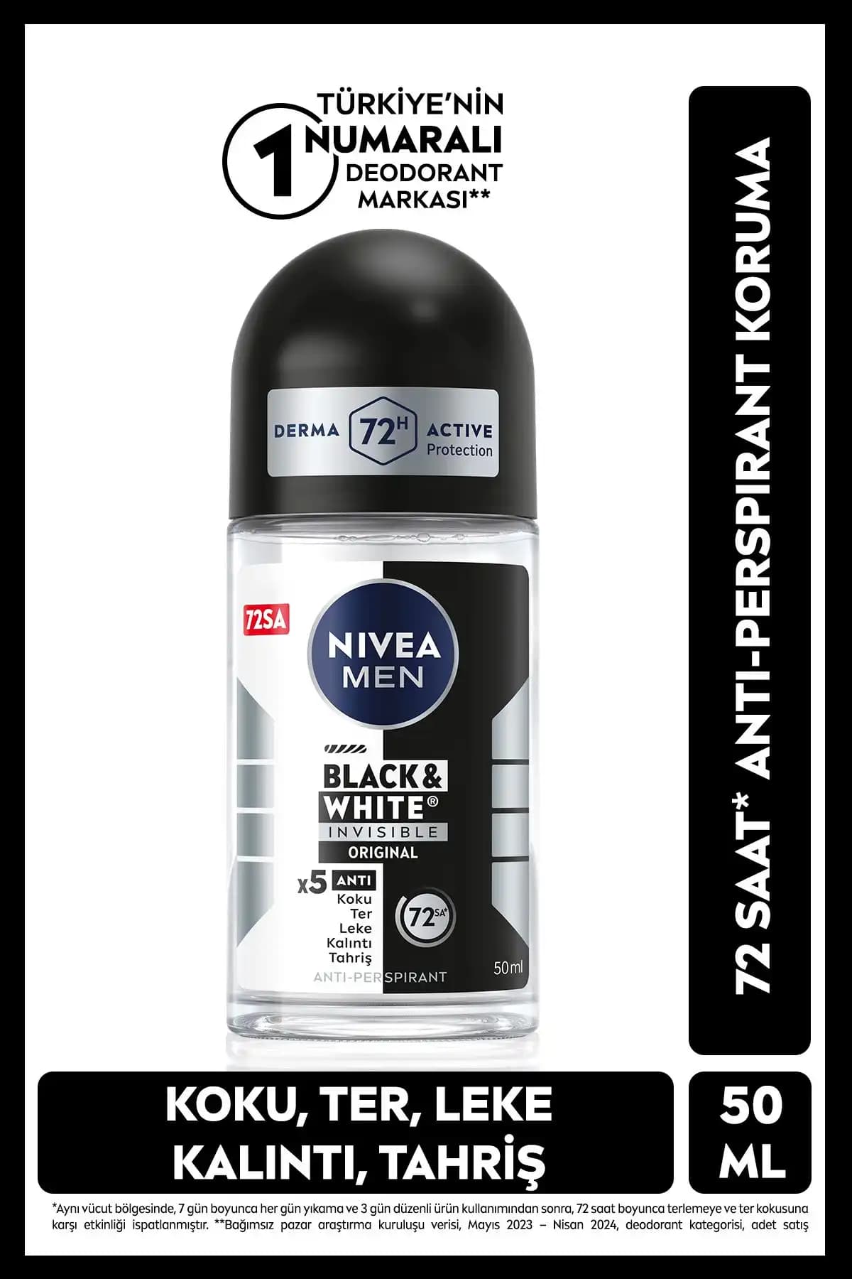 NIVEA Men Erkek Roll On Deodorant Black&white Invisible Original 50ml, 72 Saat Anti-perspirant Koruma