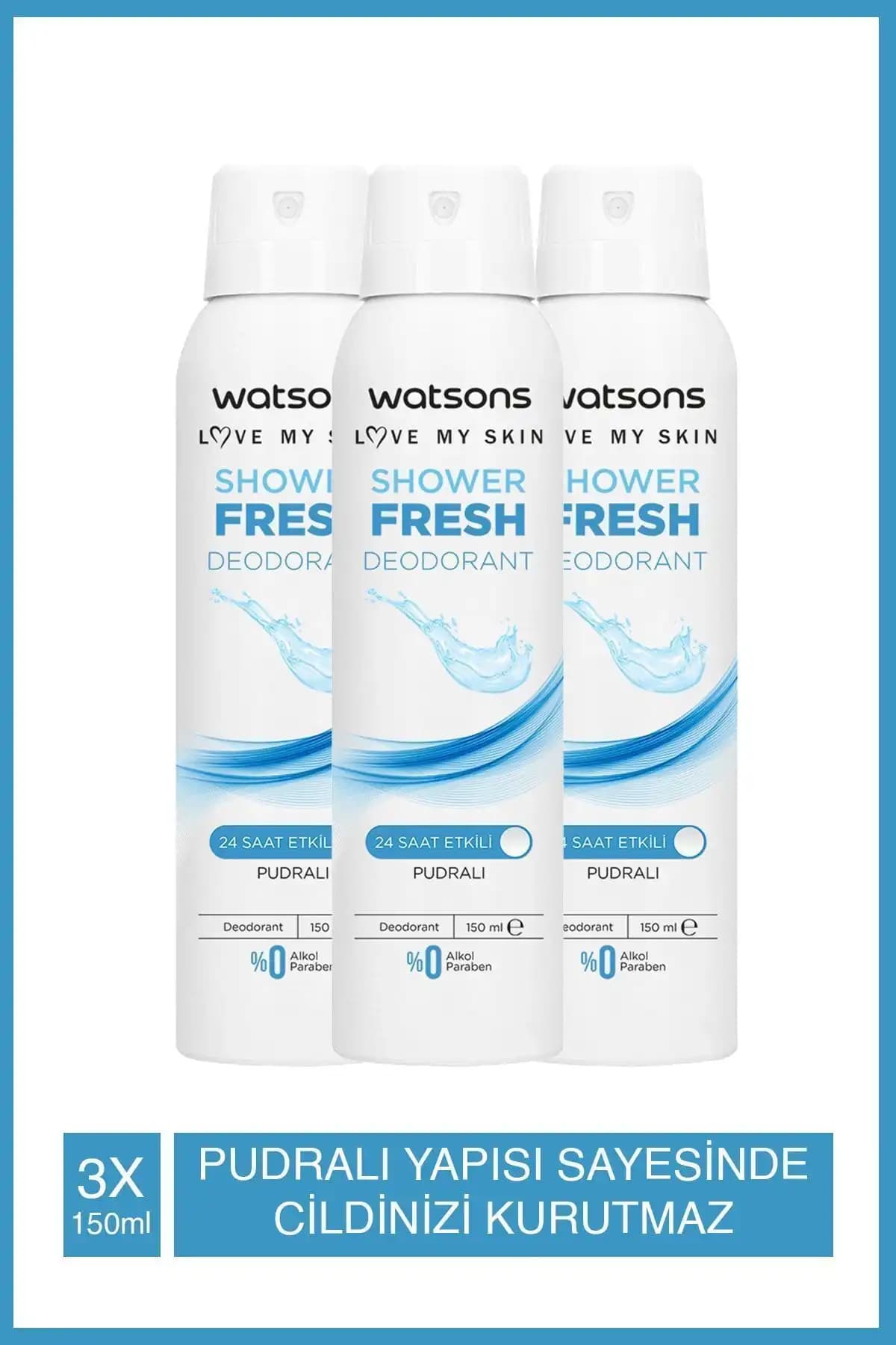 Watsons Shower Fresh Pudralı 24 Saat Etkili Deodorant Sprey 150 ml 3 Adet