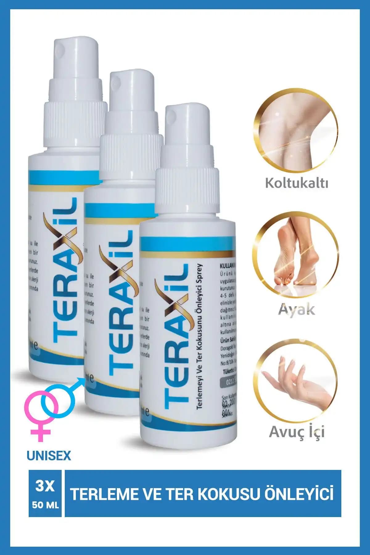 Teraxil El, Ayak, Koltuk Altı Terleme Ve Ter Kokusu Önleyici Sprey Deodorant Antiperspirant Unisex 3 Adet