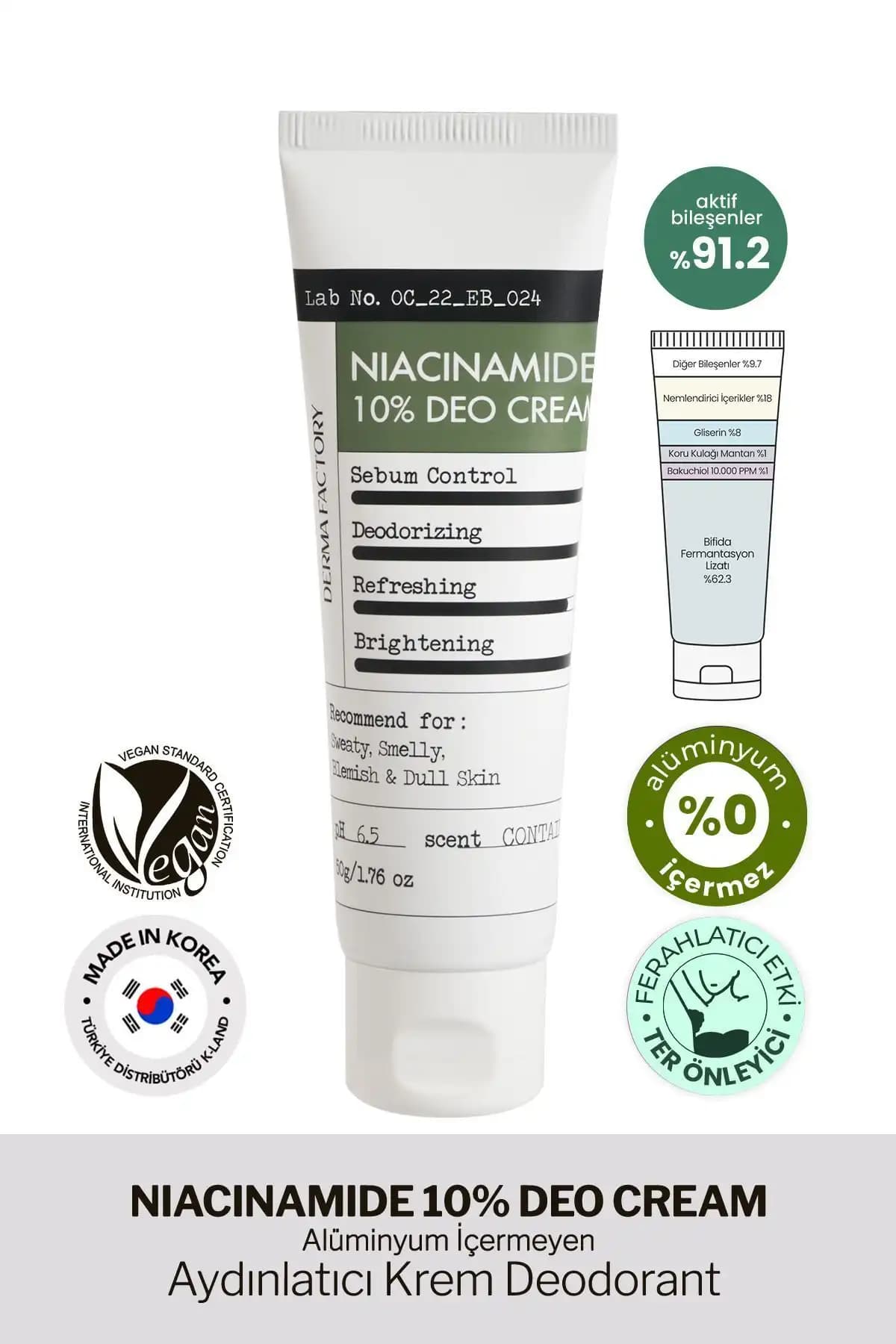 DERMA FACTORY Alüminyum İçermeyen %10 Niacinamide Aydınlatıcı Krem Deodorant Derma Factory Deo Cream