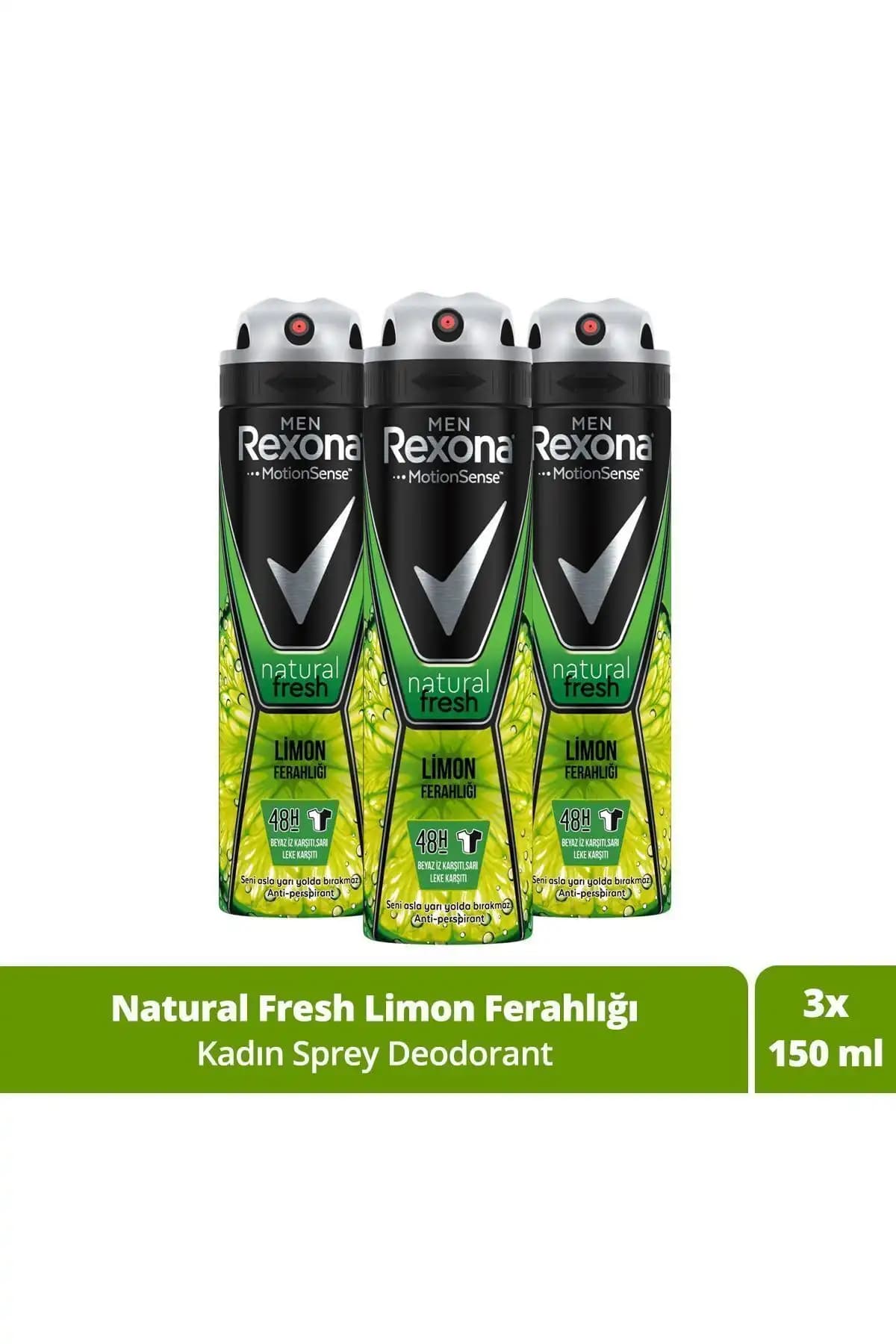 Rexona Men Erkek Sprey Deodorant Natural Fresh Limon Ferahlığı 150 ml x3 Adet