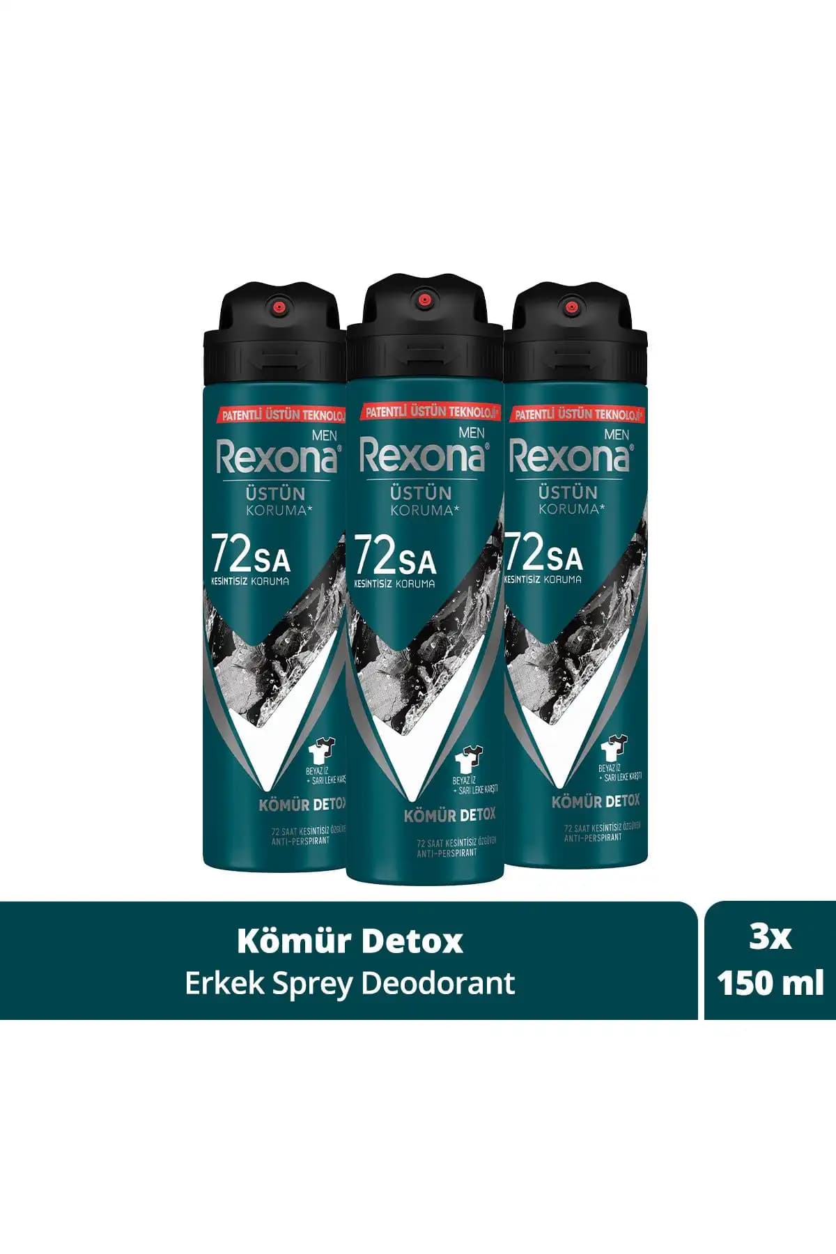 Rexona Men Erkek Sprey Deodorant Kömür Detox 72 Saat Kesintisiz Üstün Koruma 150 ml X3