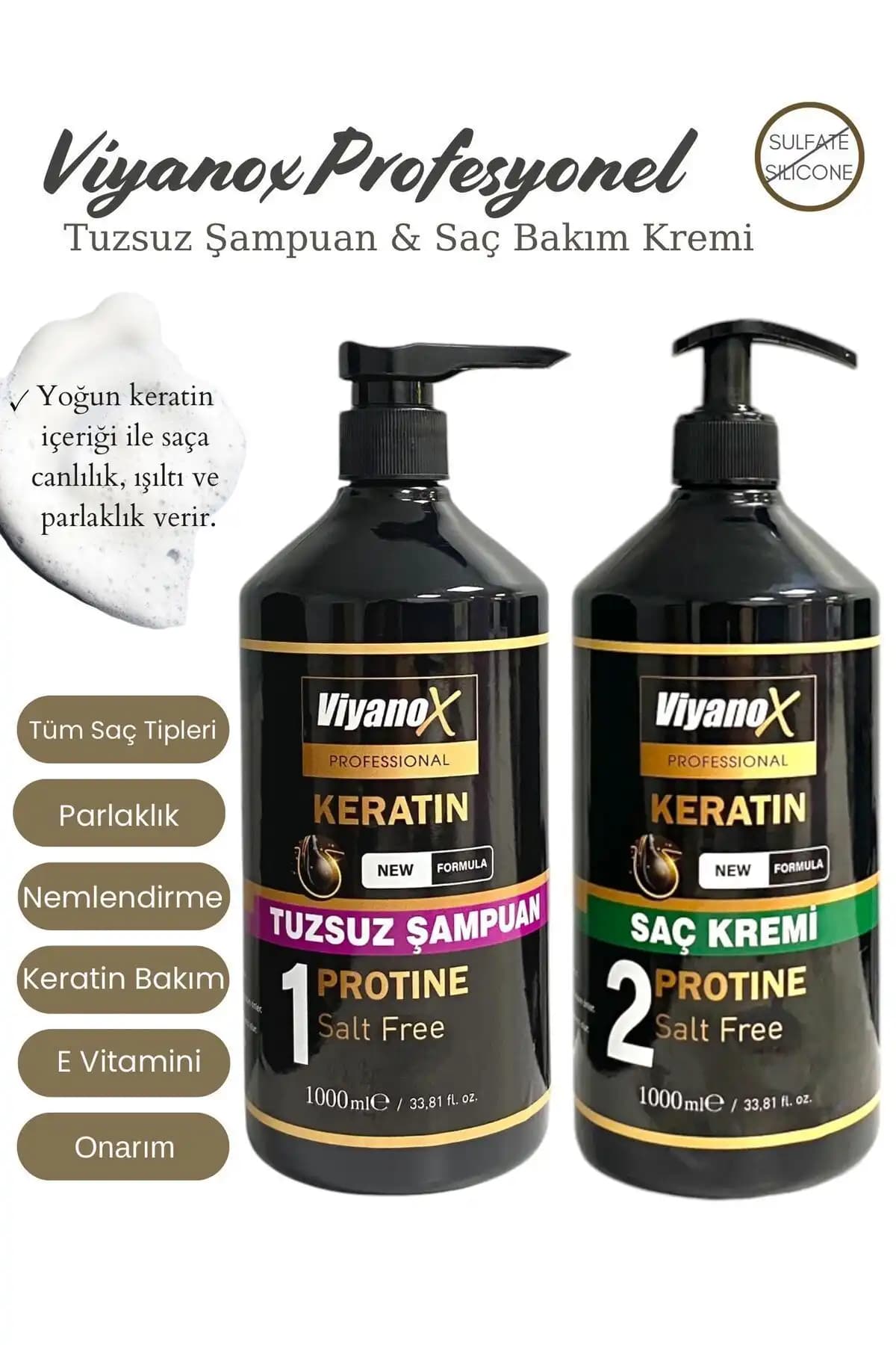 VİYANOX Keratinli Tuzsuz Şampuan 1000 ml Keratin Bakım Ve Onarıcı Saç Kremi 1000 ml