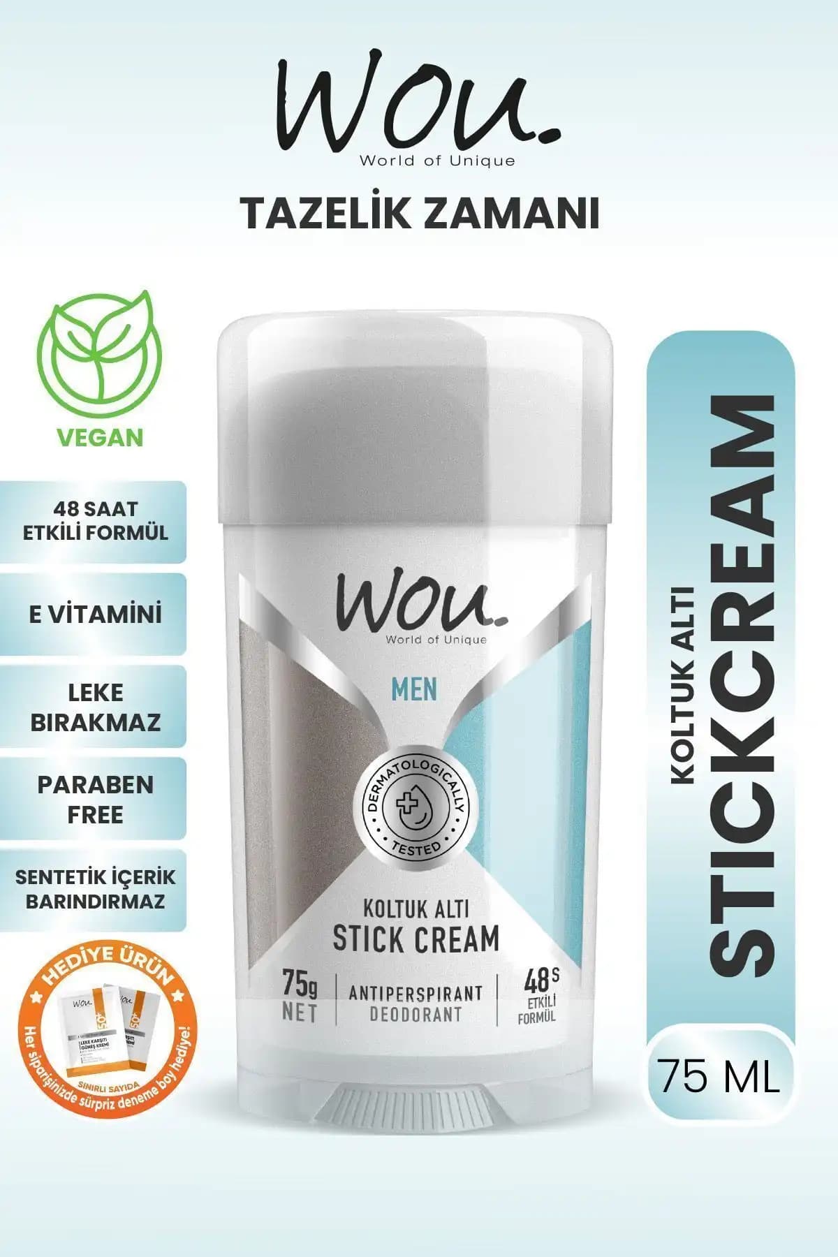 WOU World of Unique Stick Krem, Koltuk Altı Terleme Önleyici 48 Saat Etkin Koruma Vegan, Erkek Koltu
