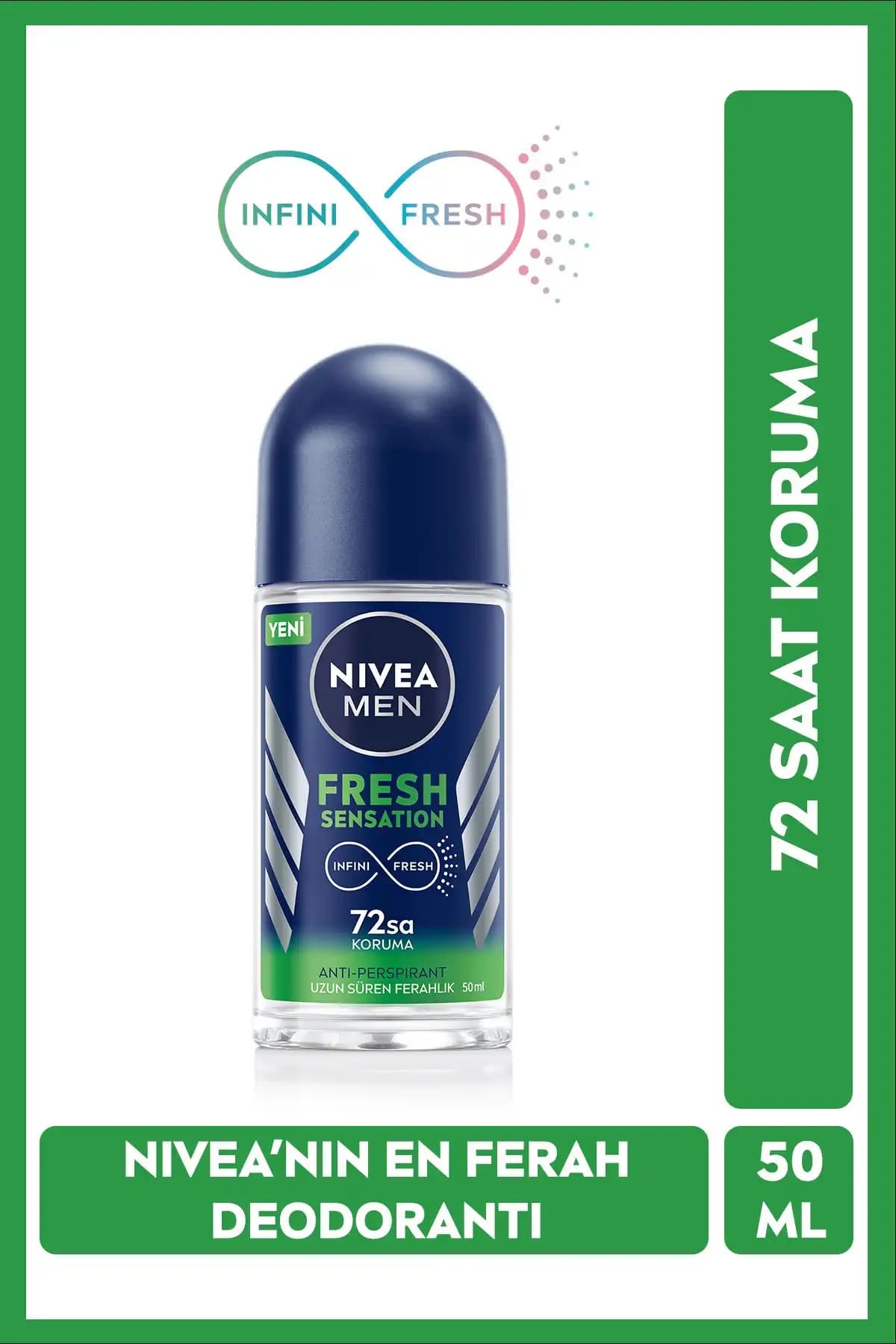 NIVEA Men Erkek Roll-on Deodorant Fresh Sensation 50ml, 72 Saat Anti-perspirant Koruma, Uzun Süreli Koruma