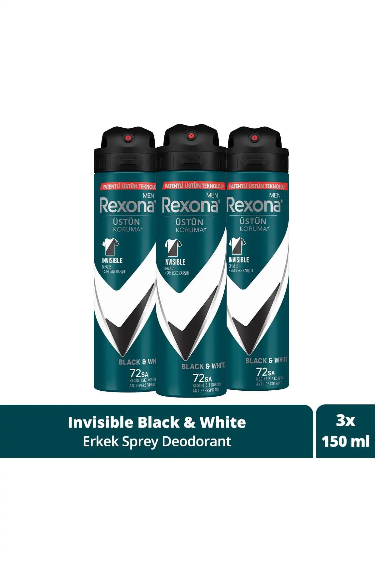 Rexona Men Erkek Sprey Deodorant Invisible Black & White 72 Saat Kesintisiz Üstün Koruma 150 ml X3