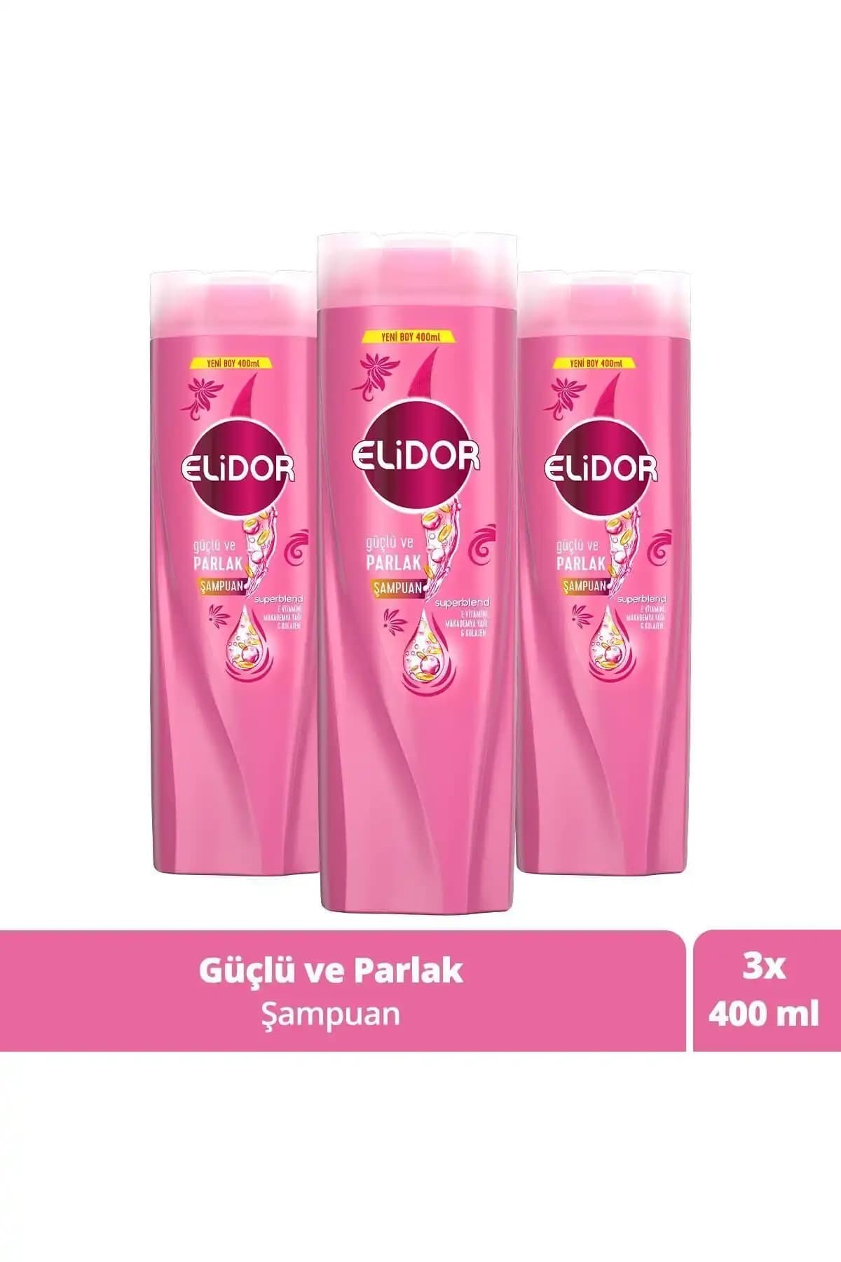 Elidor Superblend Saç Bakım Şampuanı Güçlü ve Parlak E Vitamini Makademya Yağı Kolajen 400 ml x3