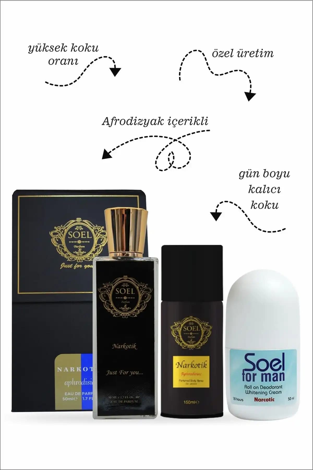 Soel Parfüm Narkotik Set 3'lü Narkotik Erkek Parfüm 50 ml Narkotik Deodrant Narkotik Roll-on