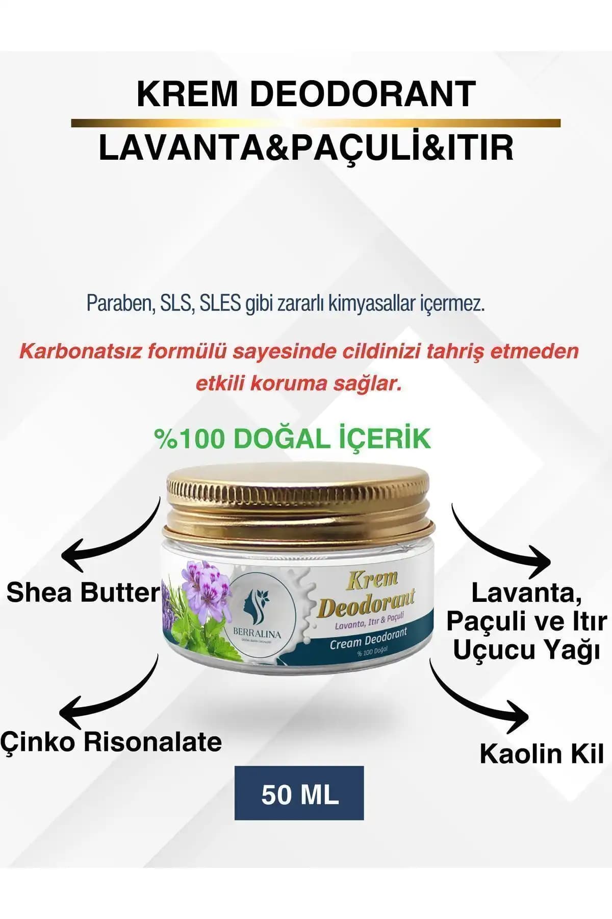 BERRALİNA DOĞAL BAKIM ÜRÜNLERİ Doğal Krem Deodorant Paculi & Itır & Lavanta Tanışma Fiyatı
