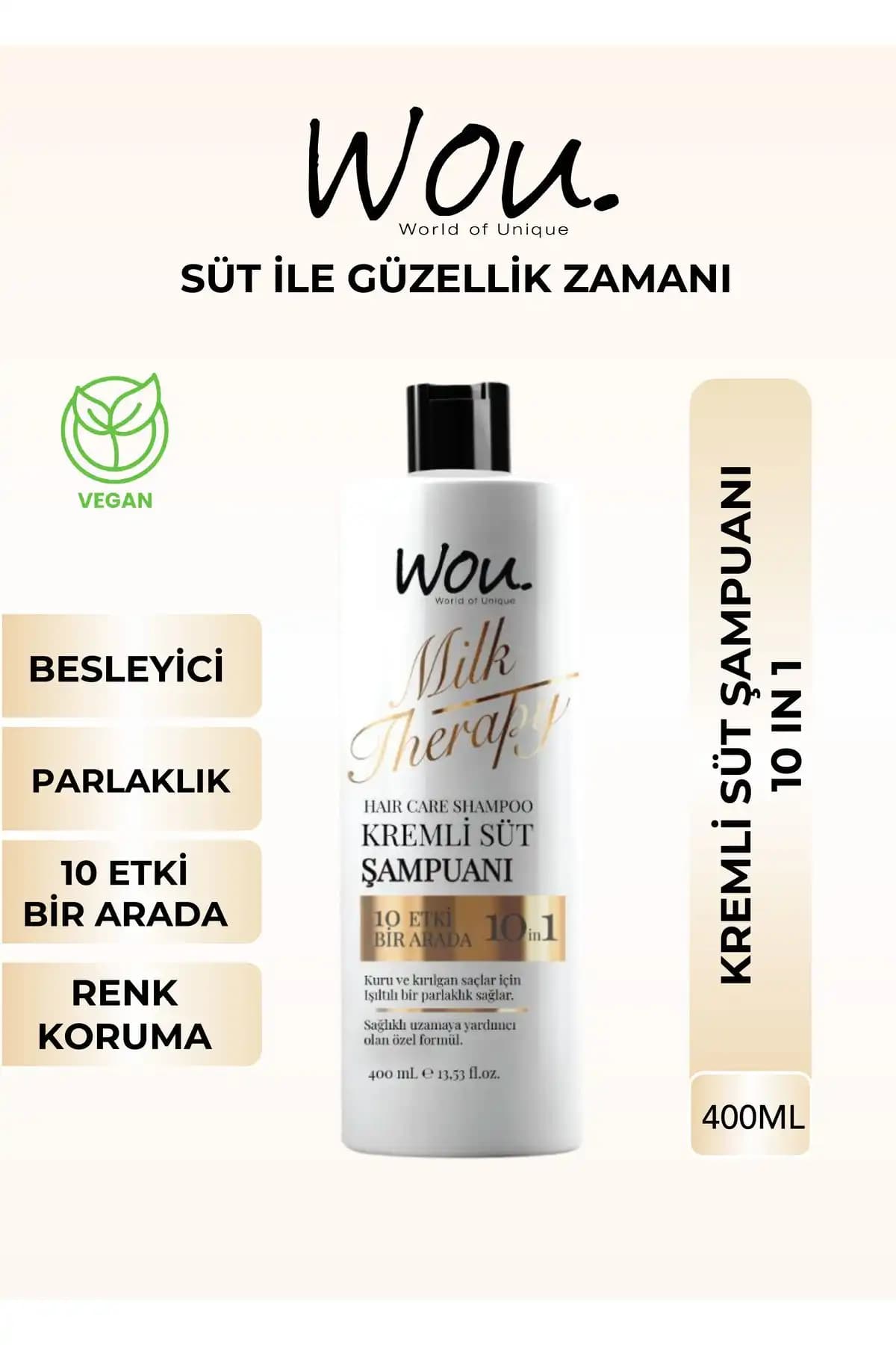 WOU World of Unique Milk Therapy Şampuan 400 ML- Süt Proteinli, Kremli, Besleyici 10 Etki Bir Arada Şampuan
