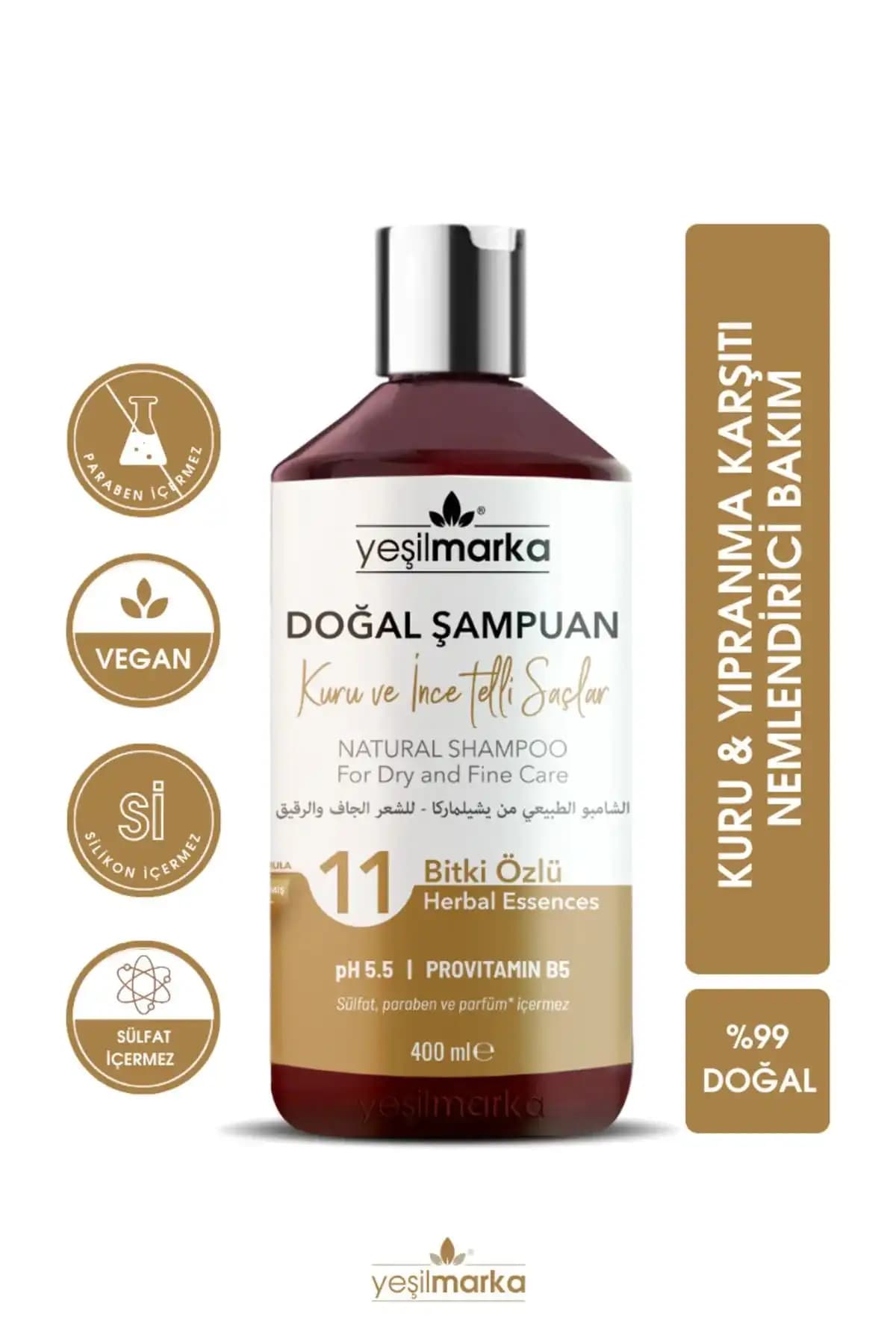 yeşilmarka Doğal Şampuan- Kuru Ve Ince Telli Saçlar- Organik Içerikli- Vegan- Onarıcı Doğal Şampuan