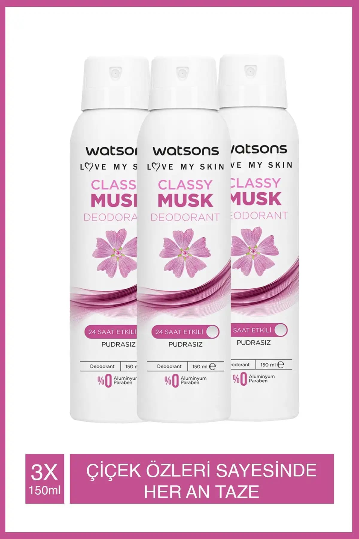Watsons Classy Musk 24 Saat Etkili Pudrasız Deodorant Sprey 150 ml X3 Adet