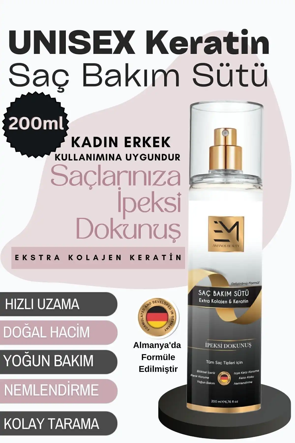 EM AMANOS BEAUTY Unisex Saç Bakım Sütü: Doğal İçeriklerle Saç Güçlendirme ve Parlaklık Sağlar