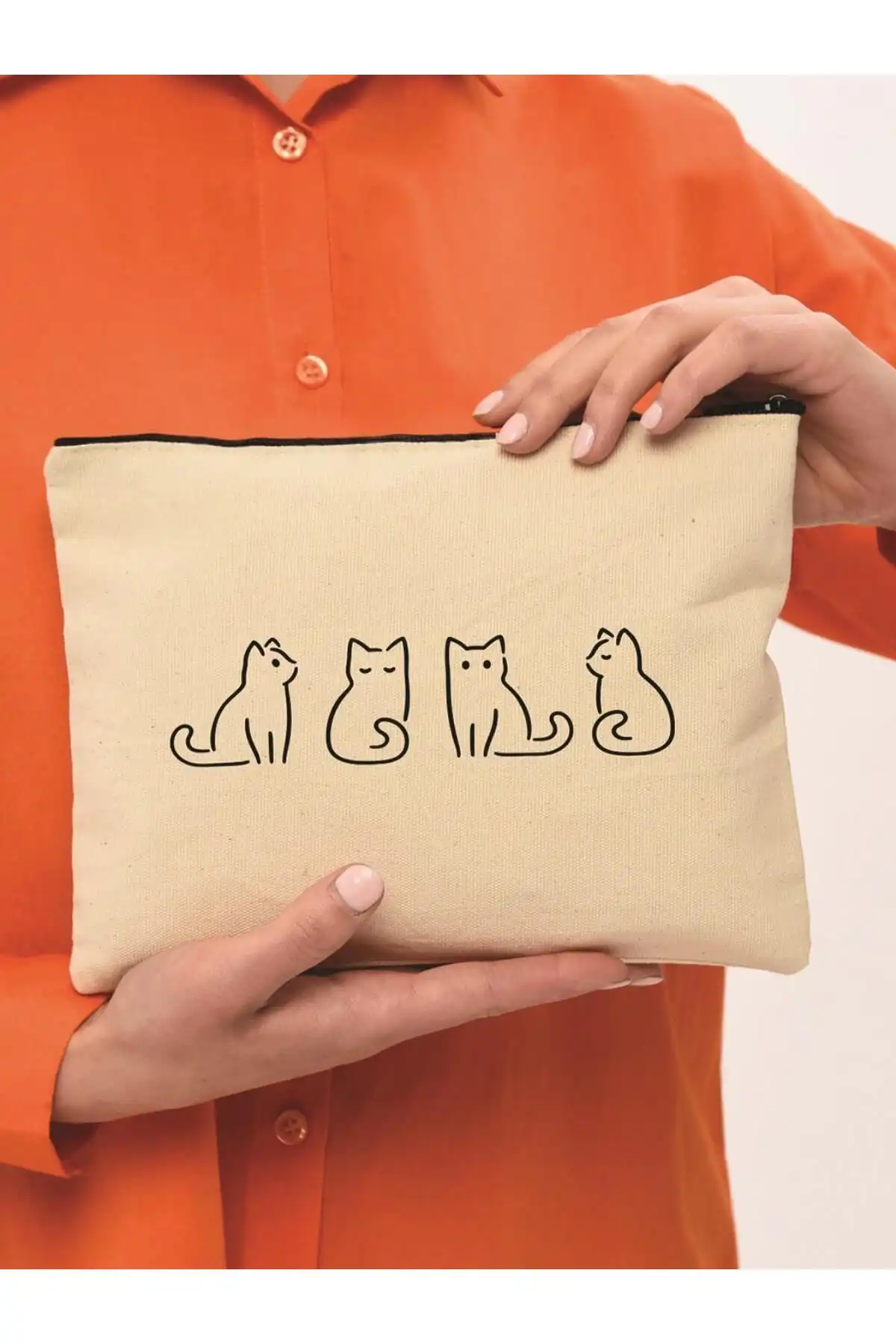 Çınar Bez Çanta Clutch Minik Kediler Kanvas Makyaj Çantası Günlük ve Şık Kullanım