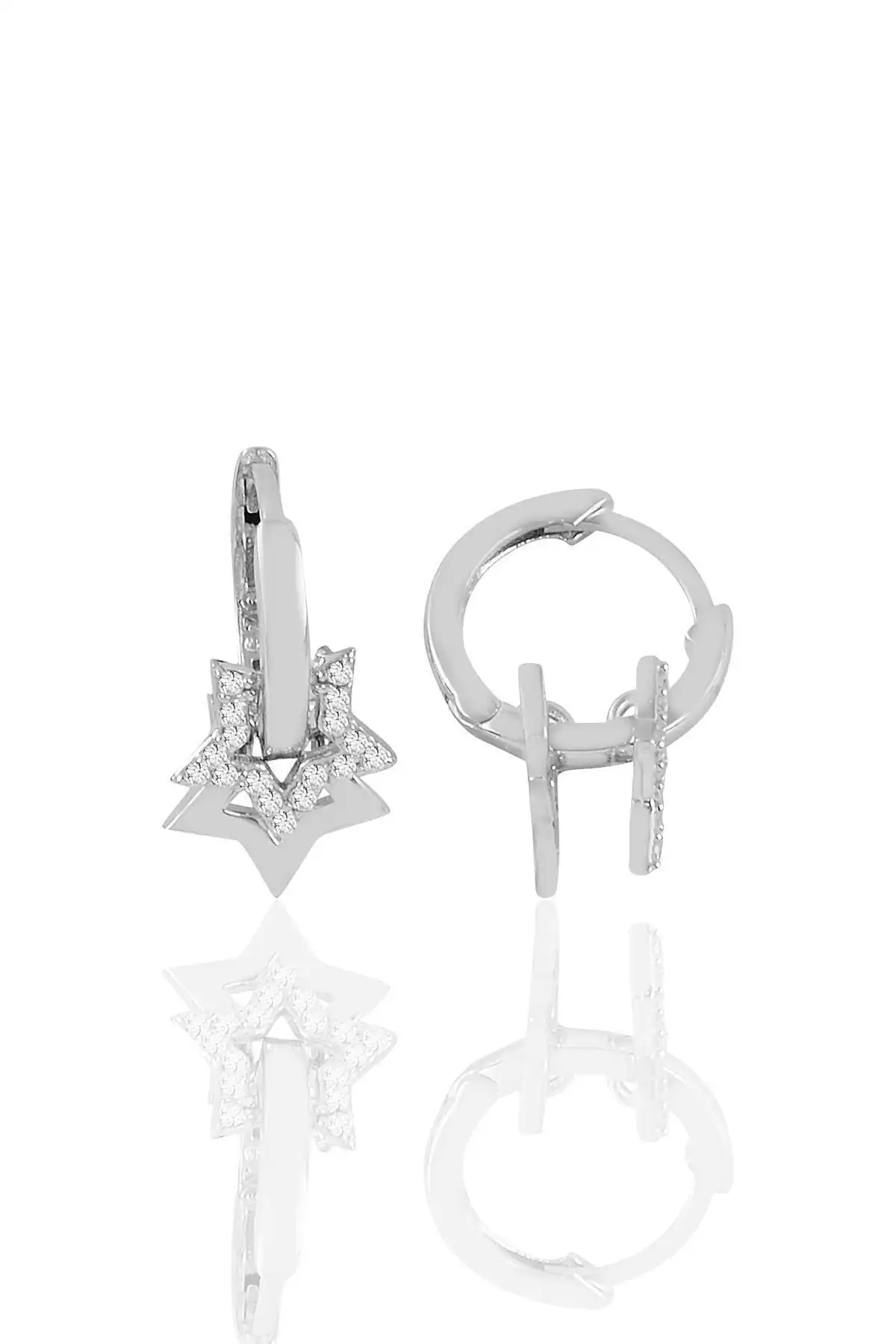 Söğütlü Silver Gümüş Rodyum Kaplama Zirkon Taşlı Yıldız Sallantılı Küpe