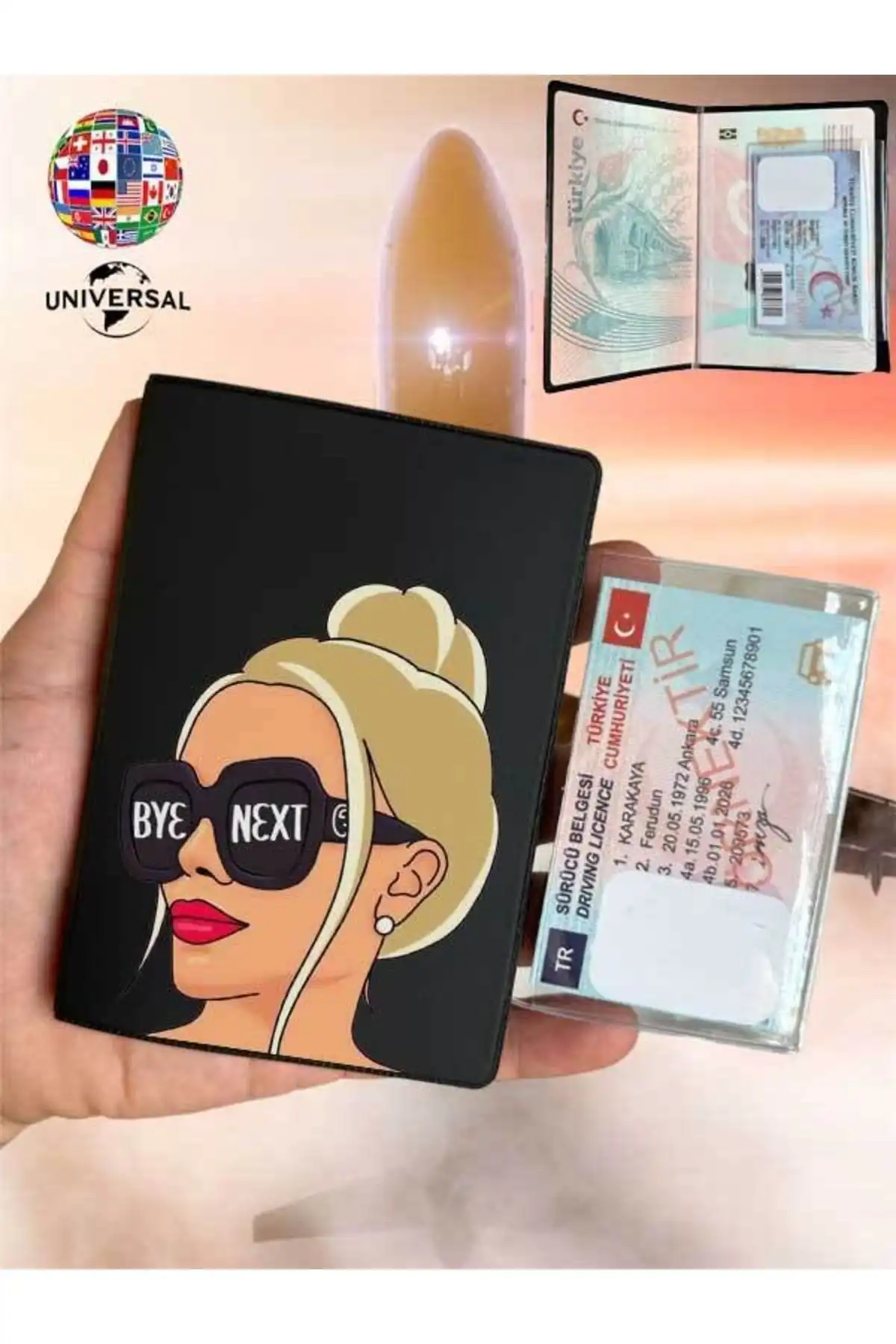 Cekuonline Desenli Pasaport Kılıfı Siyah Suni Deri Modern Tasarım