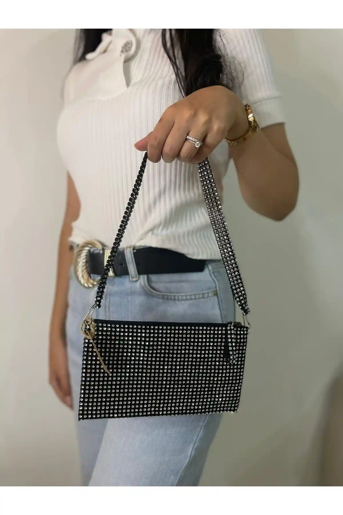 SmY Bag Parlak Taşlı Deri Astarlı El Çantası Şık ve Modern Gece Aksesuarı