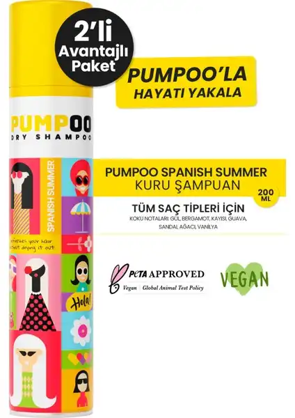 Pumpoo Kuru Şampuan Spanish Summer 200ml x 2 – Pratik ve Ferahlatıcı Saç Bakım Ürünü