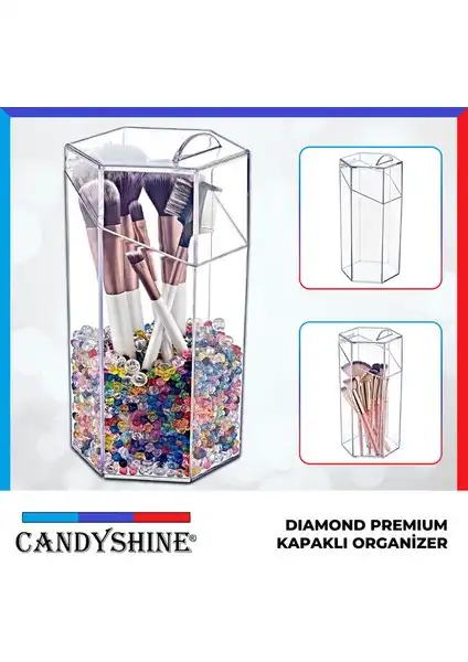 CandyShine Diamond Premium Kapaklı Altıgen Mika Makyaj ve Takı Organizeri