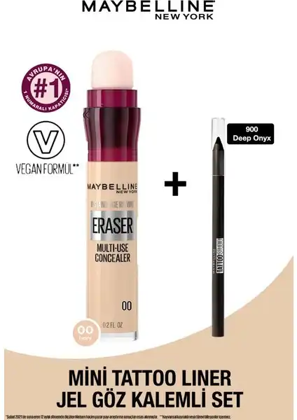 Maybelline New York Eraser Kapatıcı ve Mini Tattoo Liner Jel Göz Kalemli Seti: Günlük Makyaj İçin Pratik ve Dayanıklı Çözüm