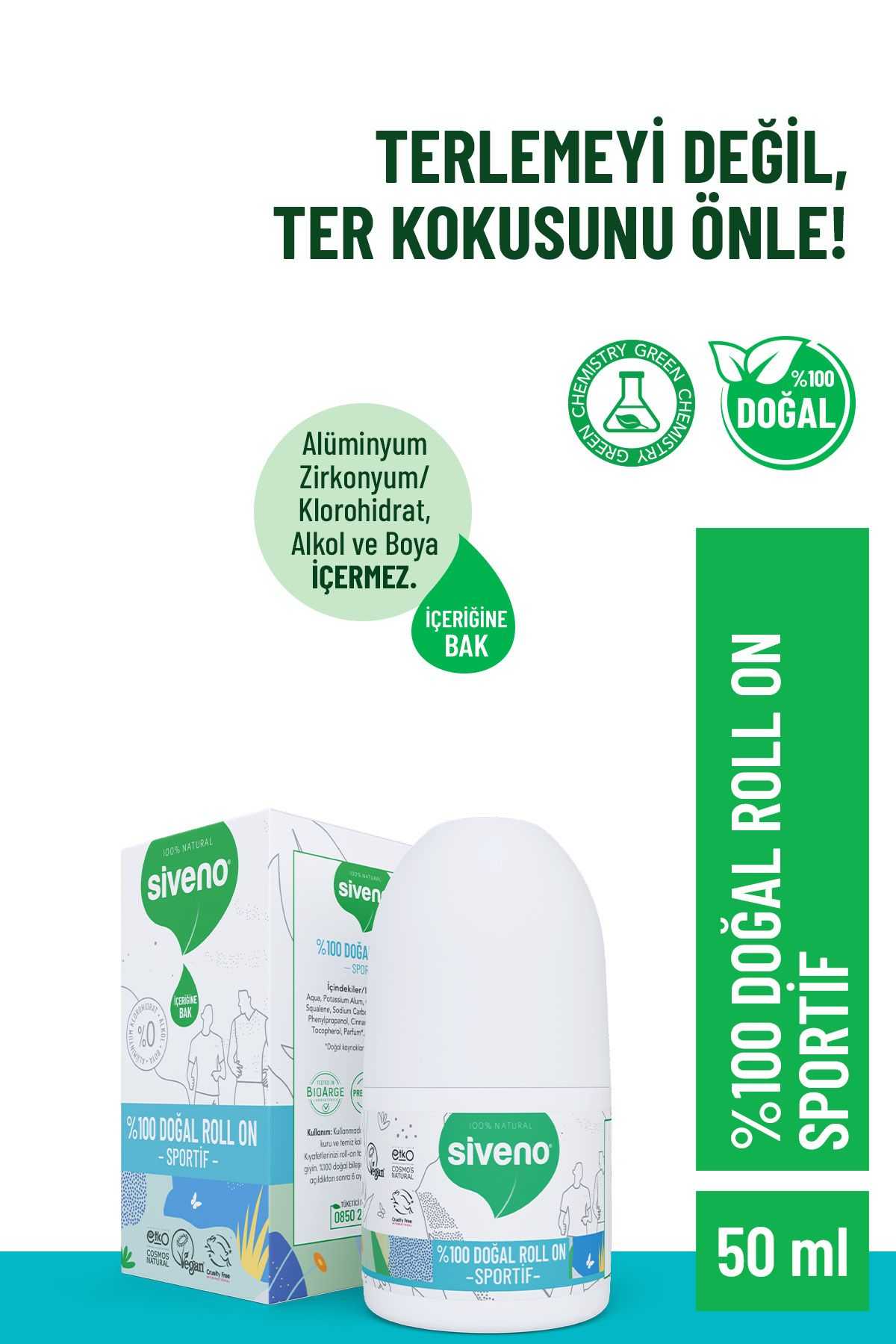 Siveno %100 Doğal Roll-on Sportif Sporcu Deodorant Ter Kokusu Önleyici Bitkisel Lekesiz Vegan 50 ml