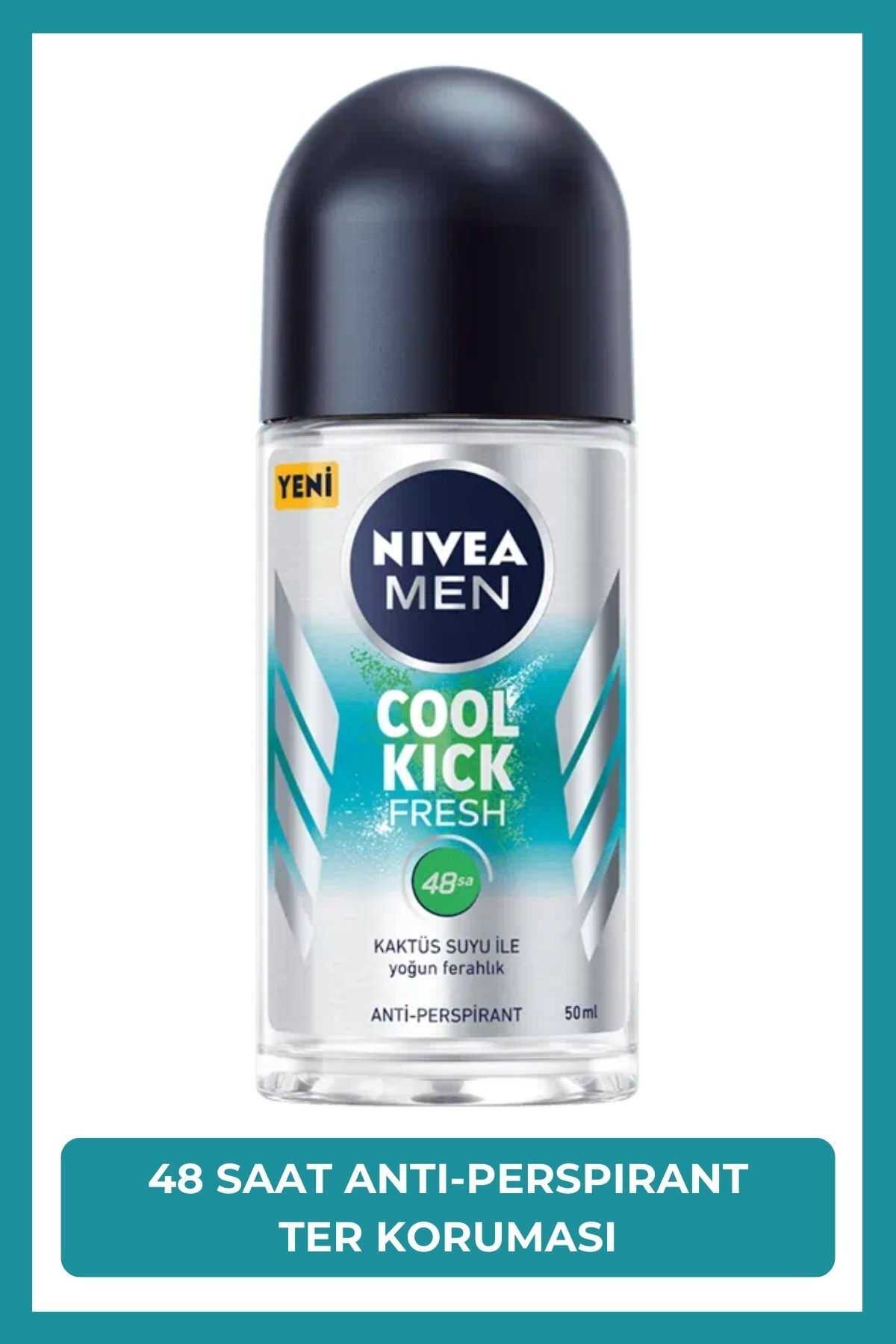 NIVEA MEN Erkek Roll-on Deodorant Cool Kick 50ml, 48 Saat Anti-perspirant Ter Koruma, Kaktüs Suyu,Ferahlık