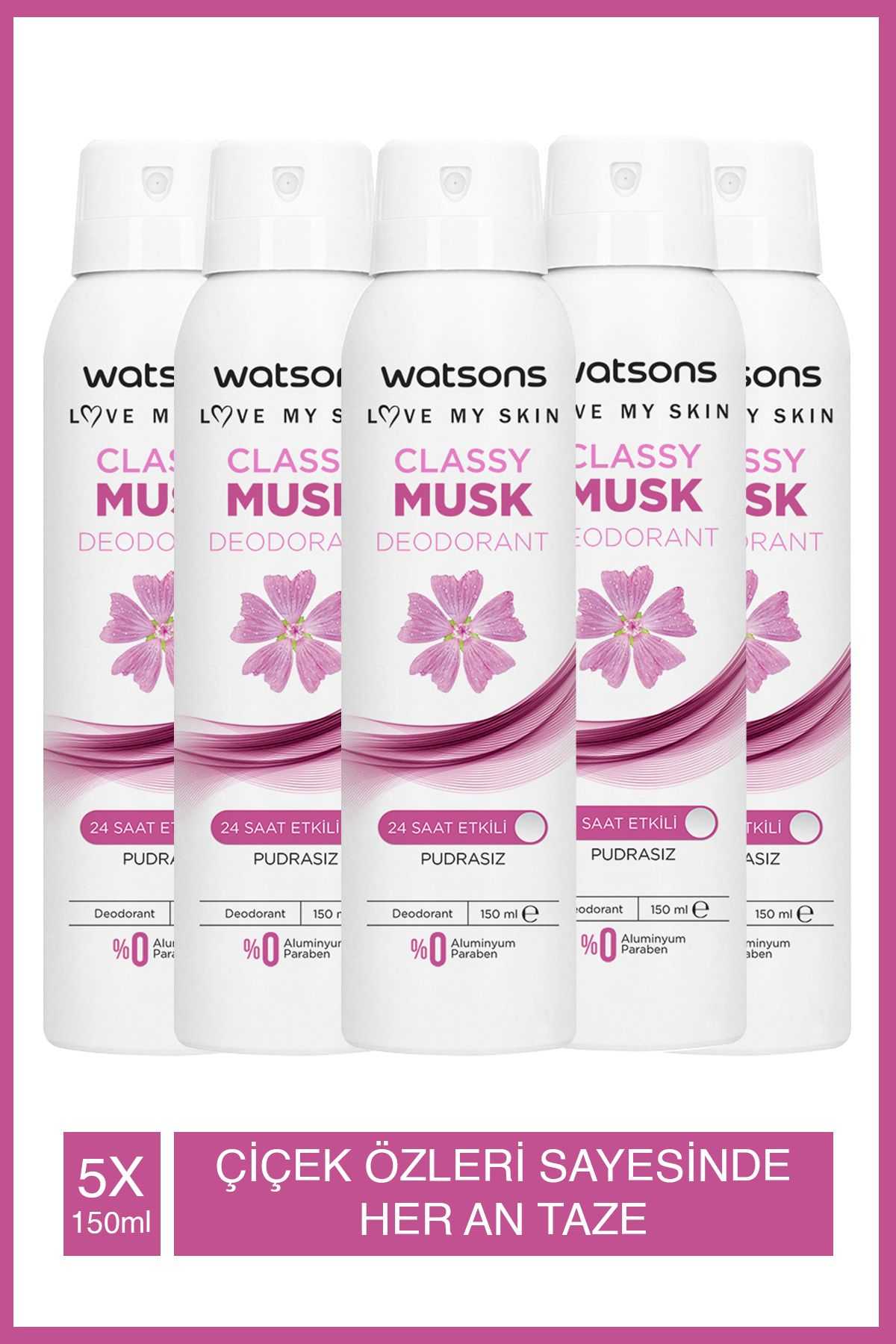 Watsons Classy Musk 24 Saat Etkili Pudrasız Deodorant Sprey 150 ml X5 Adet
