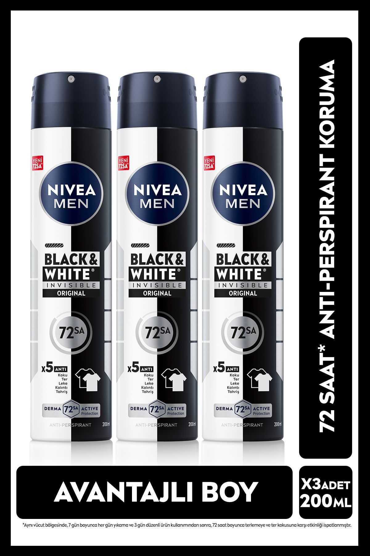 NIVEA MEN Erkek Sprey Deodorant Black&White Invisible Original 200ml, 72 Saat Anti-perspirant, X3 Adet