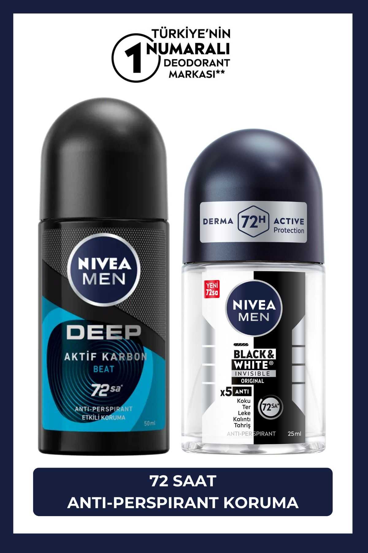 NIVEA MEN Erkek Roll-on Deodorant Deep Beat 50ml ve Mini Roll-on Black&White Original 25ml, 72 Saat Koruma