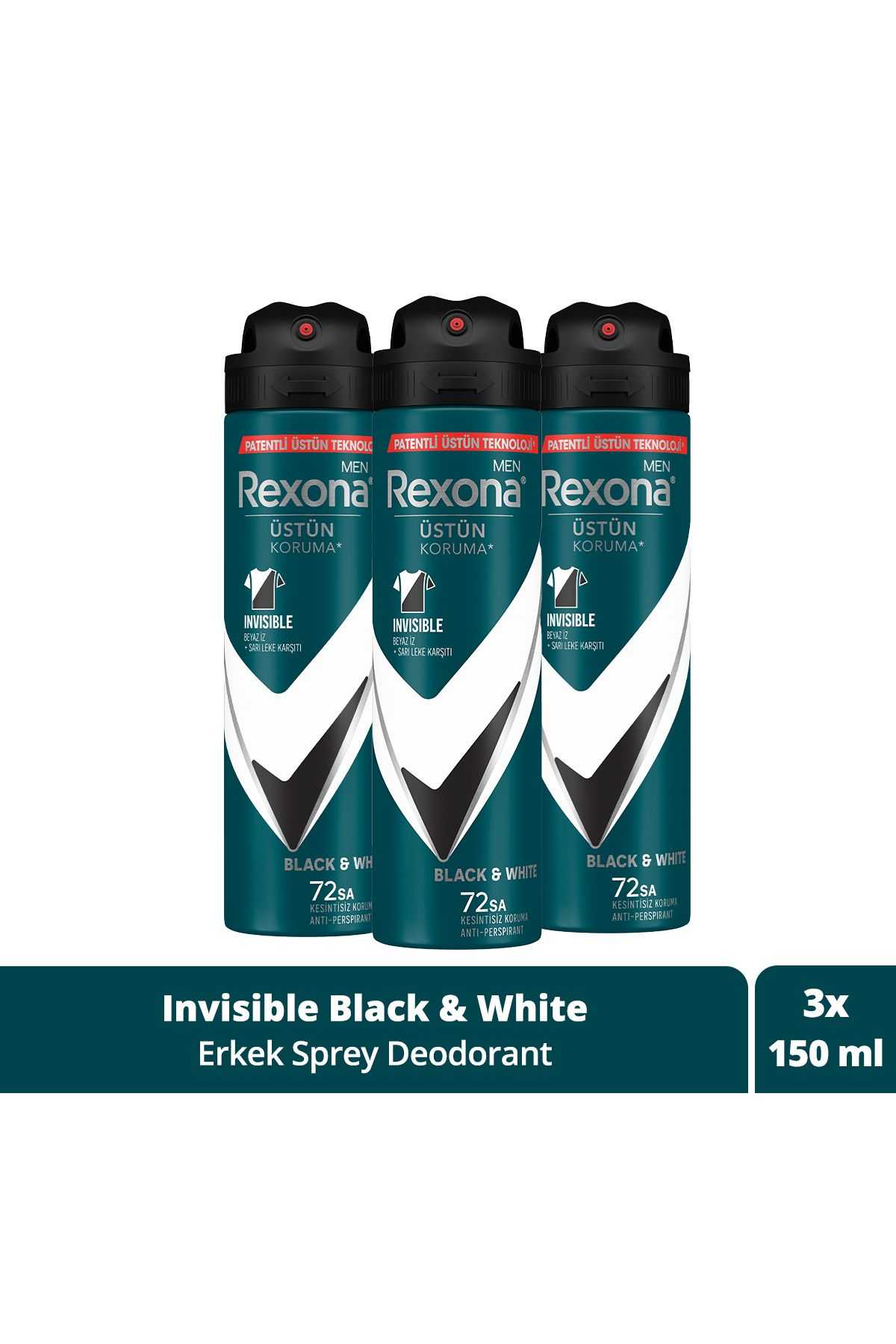 Rexona Men Erkek Sprey Deodorant Invisible Black & White 72 Saat Kesintisiz Üstün Koruma 150 ml X3