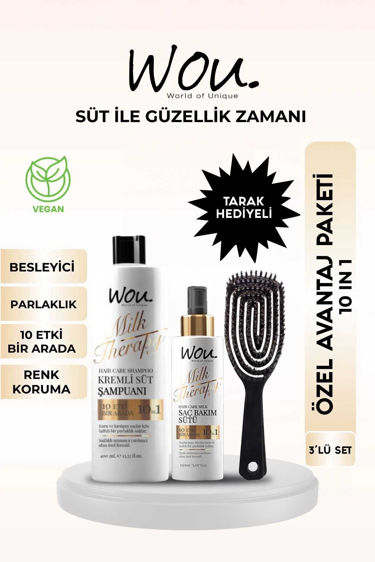 WOU World of Unique Milk Therapy Şampuan 400 ML+Milk Therapy Milk Therapy Saç Bakım Sütü 150ml/Lüx Tarak Hediyeli